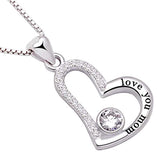 Sterling Silver Love You mom Love Heart Cubic Zirconia Mother Pendant Necklace