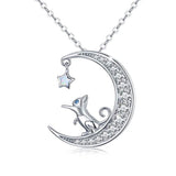 Silver Cat Moon Pendant Necklace with Opal Star Light