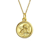 14K Yellow Real Gold Religious Medal Guardian Angel Pendant Necklace For Women For Teen With 14K Gold Chain