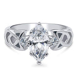 Rhodium Plated Sterling Silver Marquise Cut Cubic Zirconia CZ Celtic Knot 3-Stone Promise Engagement Ring