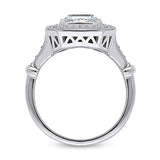Rhodium Plated Sterling Silver Emerald Cut Cubic Zirconia CZ Statement Halo Art Deco Milgrain Engagement Ring
