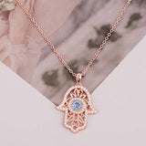 Rose Gold Plated Hamsa Hand Necklace with 925 Sterling Silver Inside Good Luck Pendant Necklace Vintage Fatima Hand Pendant Cute Zirconia Jewelry Gift for Woman Girls