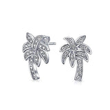 Nautical Pave Cubic Zirconia CZ Tropical Beach Palm Tree Stud Earrings For Women For Teen 925 Sterling Silver