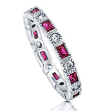 Rhodium Plated Sterling Silver Simulated Ruby Cubic Zirconia CZ Art Deco Anniversary Wedding Eternity Band Ring