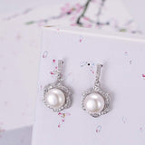 925 Sterling Silver CZ Freshwater Cultured Pearl Wedding Floral Dangle Earrings Clear