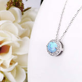 925 Sterling Silver CZ Blue Opal October Birthstone Round Halo Daily Pendant Necklace