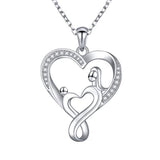 Silver Mother and Child Love Heart Pendant Necklace