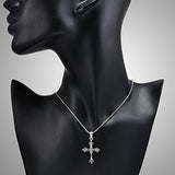 925 Oxidized Sterling Silver Fleur De Lis Cross Symbol Crown Pendant Necklace, 18 inches