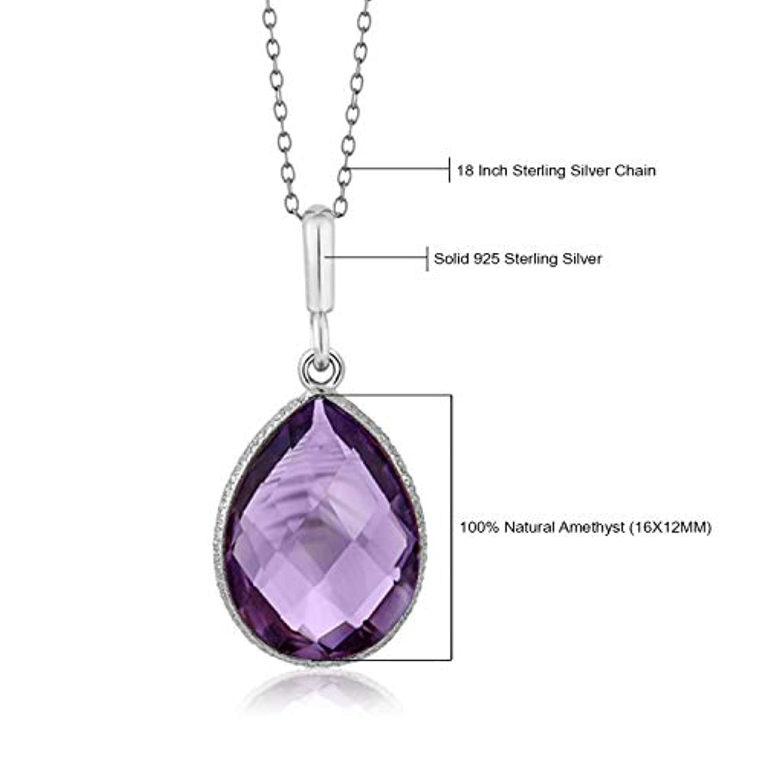925 Sterling Silver Amethyst Pendant Necklace 6.50 Ct Pear Shape Gemstone Birthstone For Women with 18 Inch Silver Chain