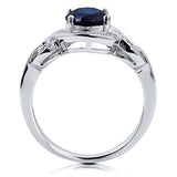 Rhodium Plated Sterling Silver Simulated Blue Sapphire Oval Cut Cubic Zirconia CZ Statement Solitaire Woven Engagement Ring