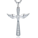 Cross Necklace 925 Sterling Silver Angel Wings Pendant Teardrop Cubic Zirconia Criss Jewelry