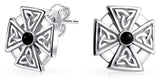 Mens Women Maltese Cross Black Stone Celtic Knot Templar Knight Cross Small Stud Earrings Oxidized 925 Sterling Silver