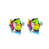 Sterling Silver Cube Stud Earrings with Rainbow Crystals from Swarovski  for Her Fine Jewelry Gifts for Women Girls