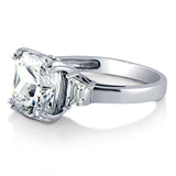 Rhodium Plated Sterling Silver Cushion Cut Cubic Zirconia CZ 3-Stone Anniversary Engagement Ring