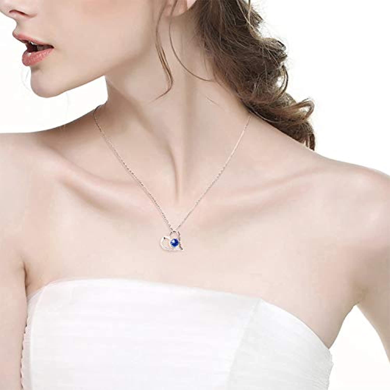 Blue Sapphire September Birthstone Necklace for Women Birthday Gifts for Wife Mom Sterling Silver Love Heart Jewelry