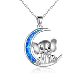 Silver Opal moon elephant  Animal Necklace