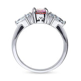 BRhodium Plated Sterling Silver Red Oval Cut Cubic Zirconia CZ 3-Stone Anniversary Promise Engagement Ring
