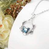 925 Sterling Silver Blue crystals Flower Butterfly Adjustable Pendant Necklace