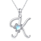 Silver Moonstone Necklace with Lotus Letters K 26 Alphabet Pendant Necklace