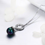 Black Pearl Necklace 8mm Round, 925 Sterling Silver Long Necklace for Women