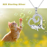 Cat Animal Necklace 925 Sterling Silver Cute Cat Animal Jewelry Heart Pendant Necklace for Women/Girlfriend Teens Gift