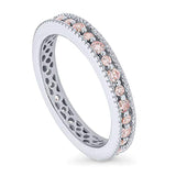 Rhodium Plated Sterling Silver Stackable Milgrain Art Deco Anniversary Fashion Right Hand Eternity Band Ring Made with Swarovski Zirconia Morganite Color