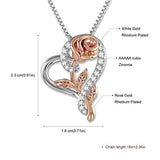 Silver Rose Flower Cubic Zirconia Love Heart Pendant Necklace Jewelry with Gift Box for Women