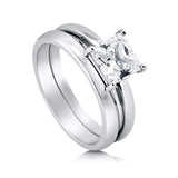 Rhodium Plated Sterling Silver Princess Cut Cubic Zirconia CZ Solitaire Engagement Wedding Ring Set