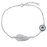 925 Sterling Silver Full White CZ Angel Wing With Evil Eye Adjustable Hand Chain Link Bracelet