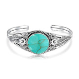 Southwestern Navajo Style Oval Cabochon Stabilized Turquoise Cuff Bracelet For Women Leaf Motif 925 Sterling Silver