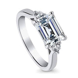 Rhodium Plated Sterling Silver Emerald Cut Cubic Zirconia CZ 3-Stone East-West Promise Engagement Ring