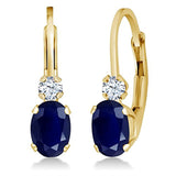 14K Gold Blue Sapphire and White Created Sapphire Oval Gemstone Birthstone Hoop Earrings