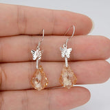 925 Sterling Silver CZ Butterfly Baroque Hook Dangle Earrings Champagne Color Adorned with crystals