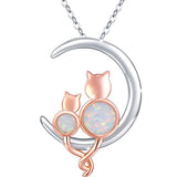 Silver Double cats on the Crescent moon Necklace 