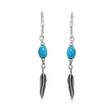 Native American Style Stabilized Turquoise Feather Leaf Leverback Dangle Earrings For Women Teen 925 Sterling Silver
