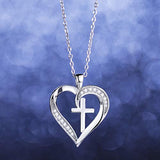 925 Sterling Silver Heart Cross Necklace Cubic Zirconia Pendant White Gold Plated Jewelry Gift for Women Girls