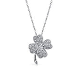Irish Shamrock Lucky Charm Pave CZ Four Leaf Clover Pendant Necklace For Women For Teen 925 Sterling Silver
