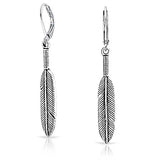 925 Sterling Silver Leaf Feather Oxidized Two Tone Leverback Dangle Earrings For Women