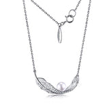Silver Feather Shell Pearl Necklace, Plume Pendant Necklace