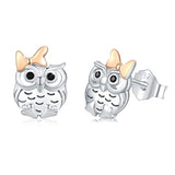 Silver Cute Owl with Ribbon Bow Stud Earrings 