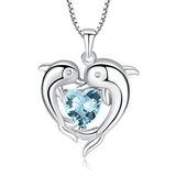 Sterling Silver Double Dolphin with Light Blue CZ Heart Pendant Necklace, Jewelry for Women, Girl, 18