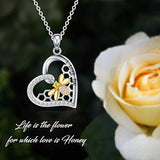 Sterling Silver “I Love You” Heart with Gold Bee Necklace Honeycomb Pendant and Cubic Zirconia Stones