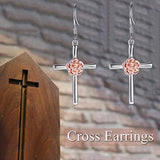 S925 Sterling Silver Dangle Drop Rose cross Earrings Jewelry Gifts for Women Girls Birthday