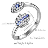 Eye Ring Women 925 Sterling Silver Hamsa Hand Ring Protective Amulet Gift Crystal Cubic Zirconia Jewelry