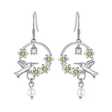  Silver Flower Birds Drop Earrings with Pearl, Crystals from Swarovski