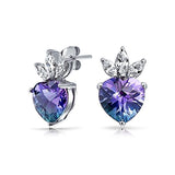 Heart Shape Crown Blue Purple Rainbow Cubic Zirconia CZ Stud Earrings For Women 925 Sterling Silver