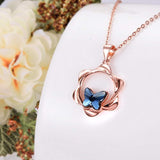 925 Sterling Silver Rose Gold-Tone crystals Flower Butterfly Adjustable Pendant Necklace