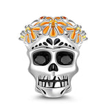 Silver Skull Charm With Orange Flower 