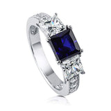 Rhodium Plated Sterling Silver Simulated Blue Sapphire Princess Cut Cubic Zirconia CZ 3-Stone Anniversary Promise Engagement Ring