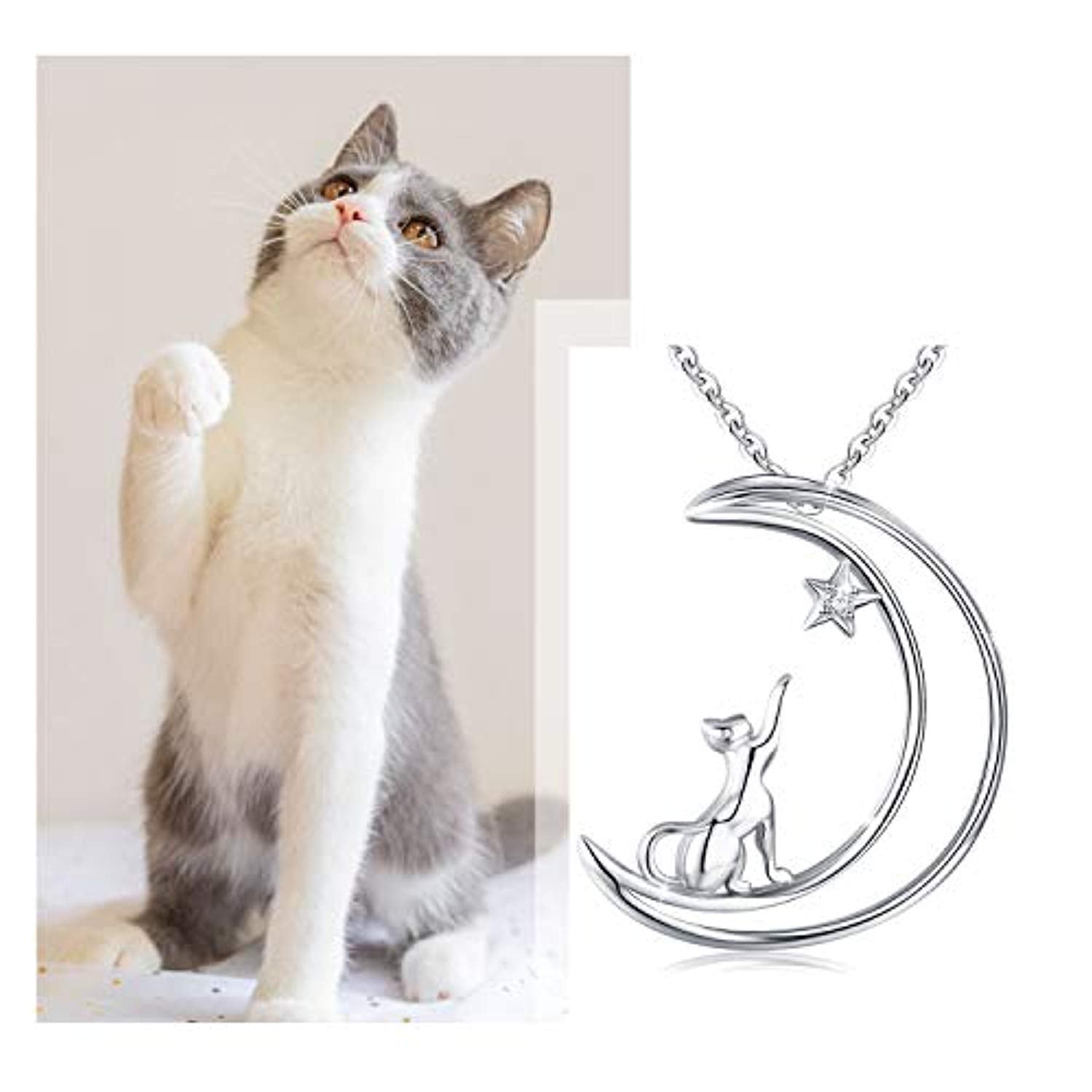 Sterling Silver Cat Opal  Necklace Cat on Crescent Moon Pendant Necklace Jewelry Gifts for Women